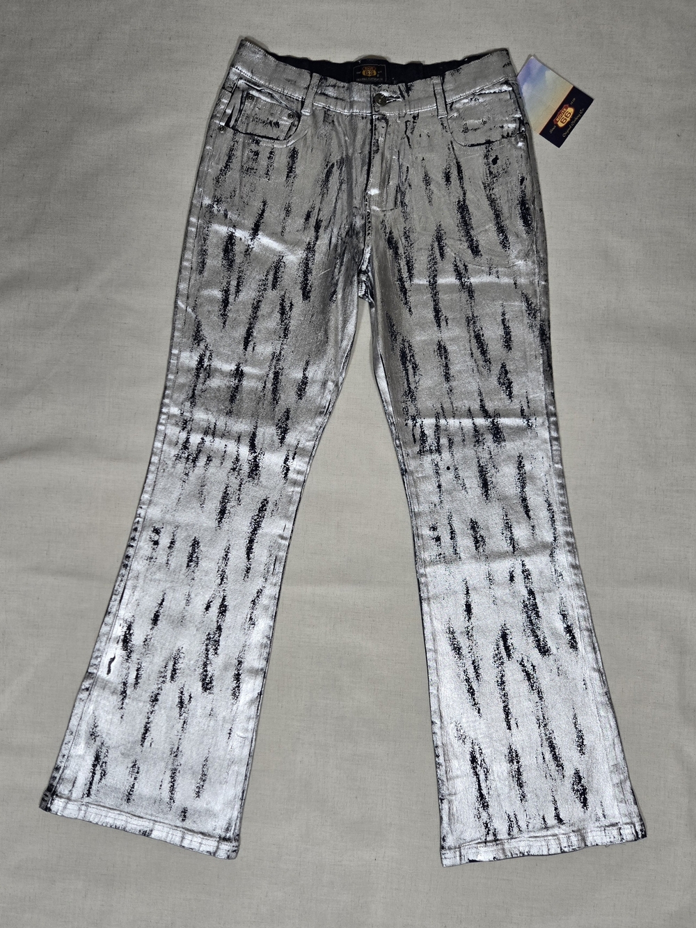 Route 66 Y2K Silver Metallic Jeans with Blue Brushstroke Pattern
